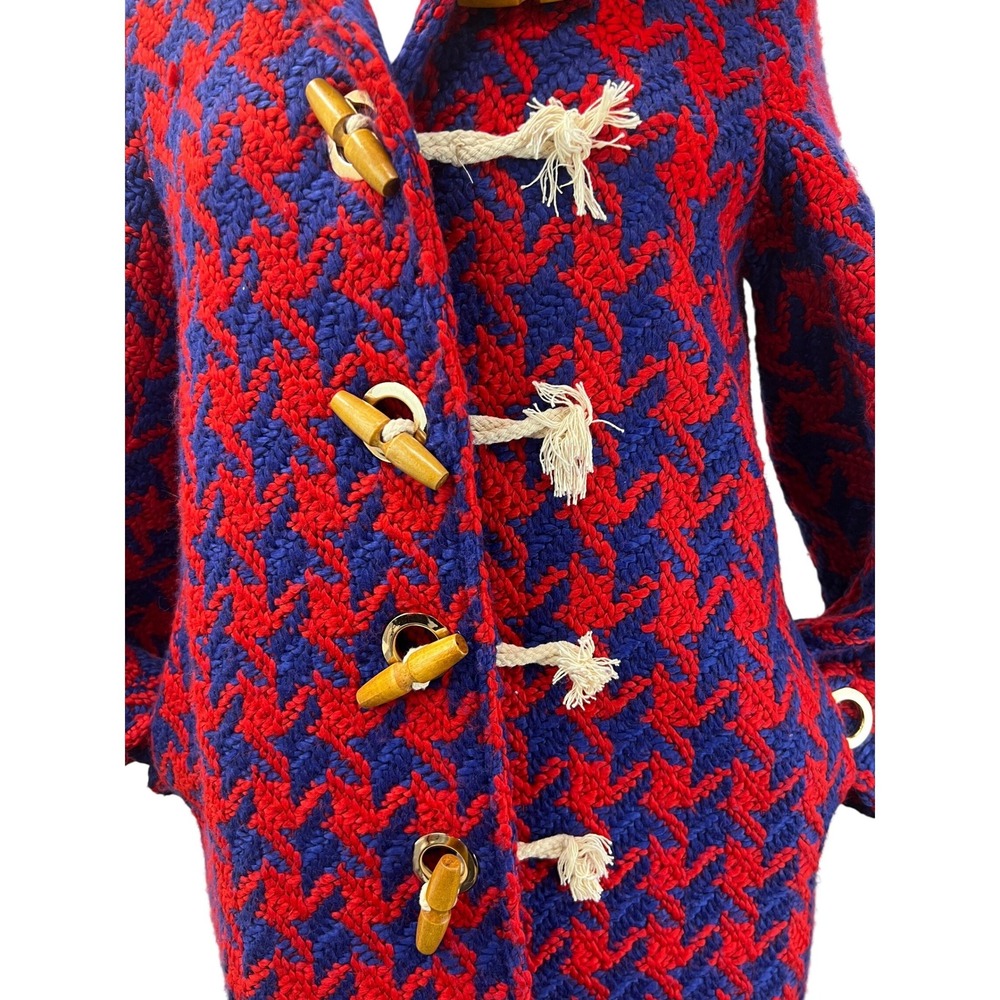 Judith March Duffle Coat Womens S Red Blue Excellent Houndstooth Hooded Toggle - Picture 5 of 9